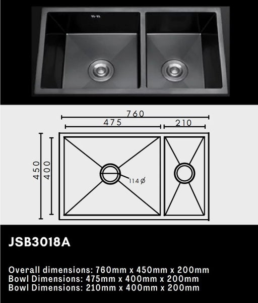 Double Bowl Stainless Steel Sink 760x450mm Dark Grey Carousel 2