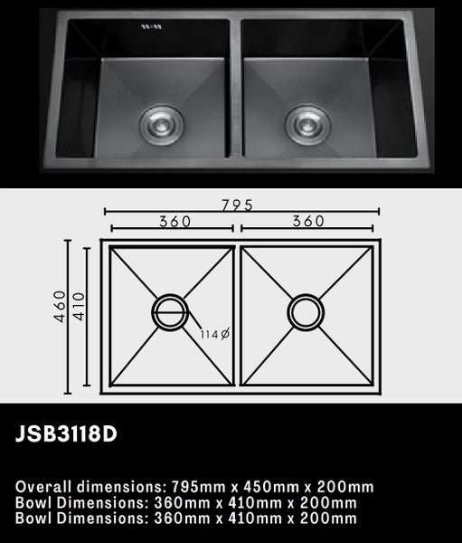 Double Bowl Stainless Steel Sink 795x460mm Black Matt Carousel 2