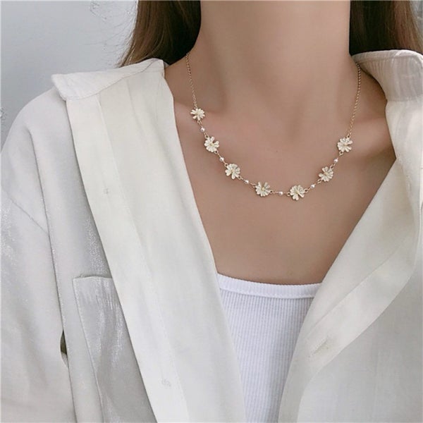 Dainty Daisy Pearl Chain Necklace Carousel 1
