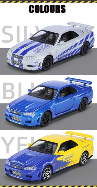 1:32 GTR R34 SKYLINE Fast Alloy Simulation Car Model Diecasts Carousel 15