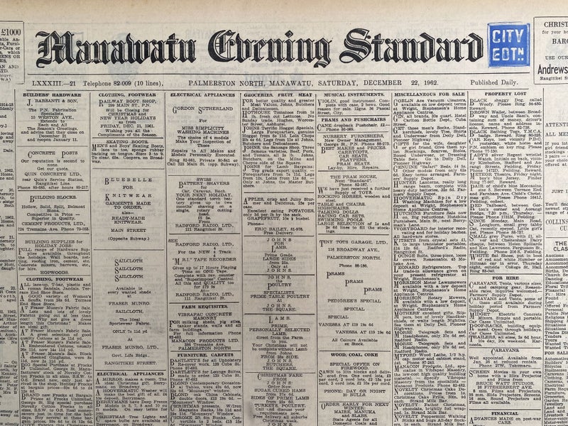 OLD NEWSPAPER: Manawatu Evening Standard - Saturday, 22 December 1962 Carousel 1