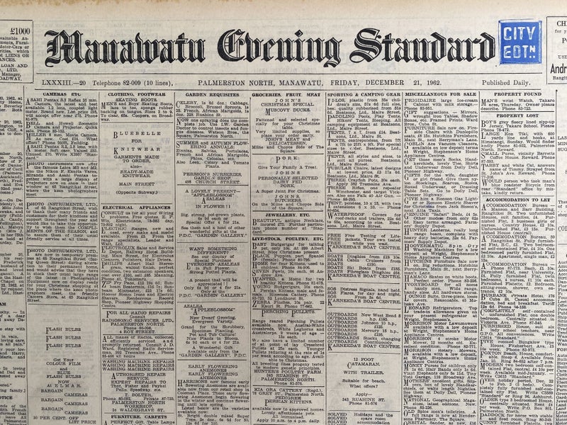 OLD NEWSPAPER: Manawatu Evening Standard - Friday, 21 December 1962 Carousel 1