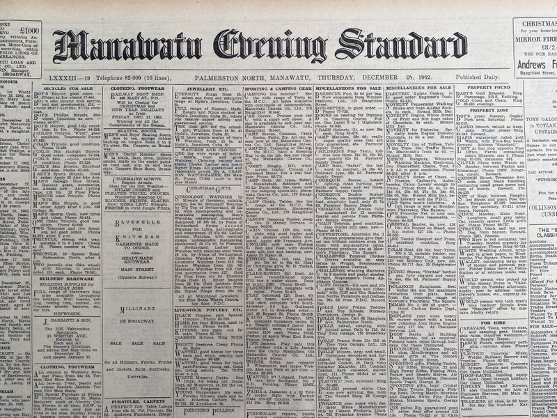 OLD NEWSPAPER: Manawatu Evening Standard - Thursday, 20 December 1962 Carousel 1