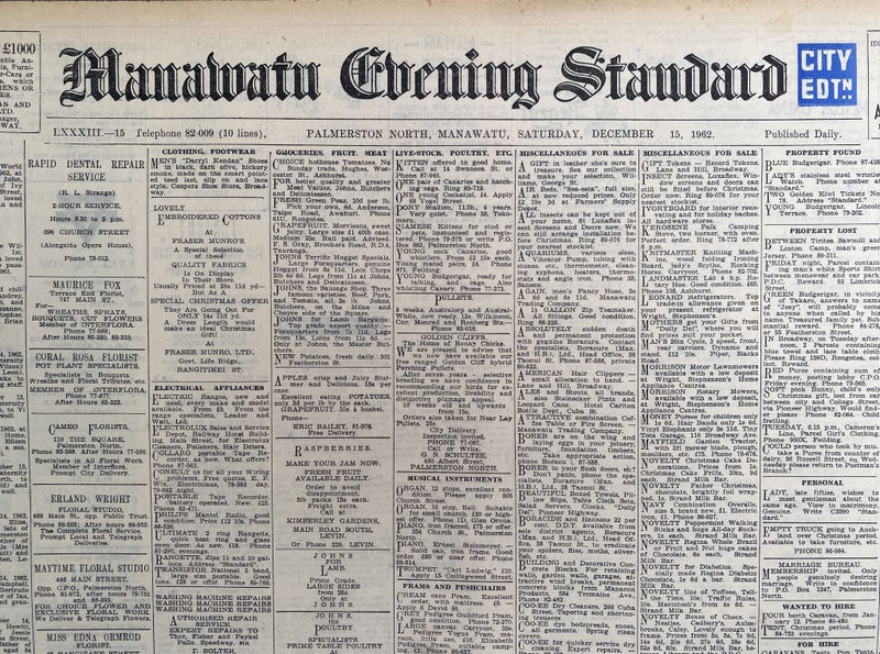 OLD NEWSPAPER: Manawatu Evening Standard - Saturday, 15 December 1962 Carousel 1