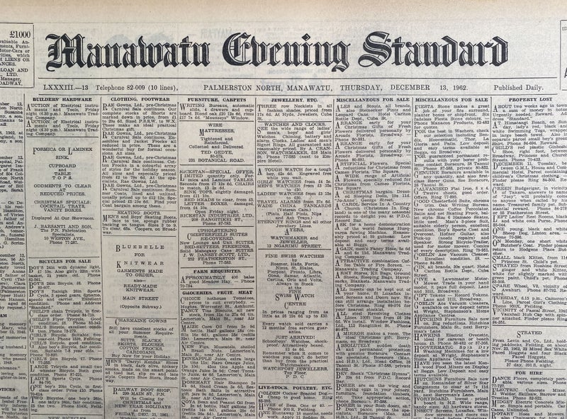 OLD NEWSPAPER: Manawatu Evening Standard - Thursday, 13 December 1962 Carousel 1