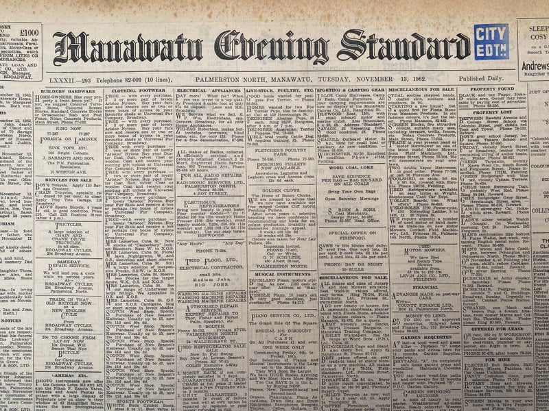 OLD NEWSPAPER: Manawatu Evening Standard - Tuesday, 13 November 1962 Carousel 1