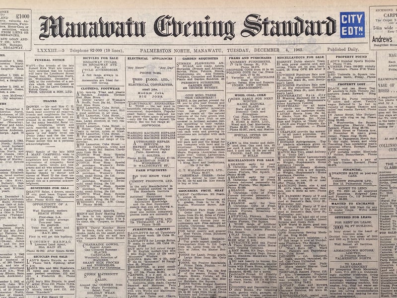 OLD NEWSPAPER: Manawatu Evening Standard - Tuesday, 4 December 1962 Carousel 1