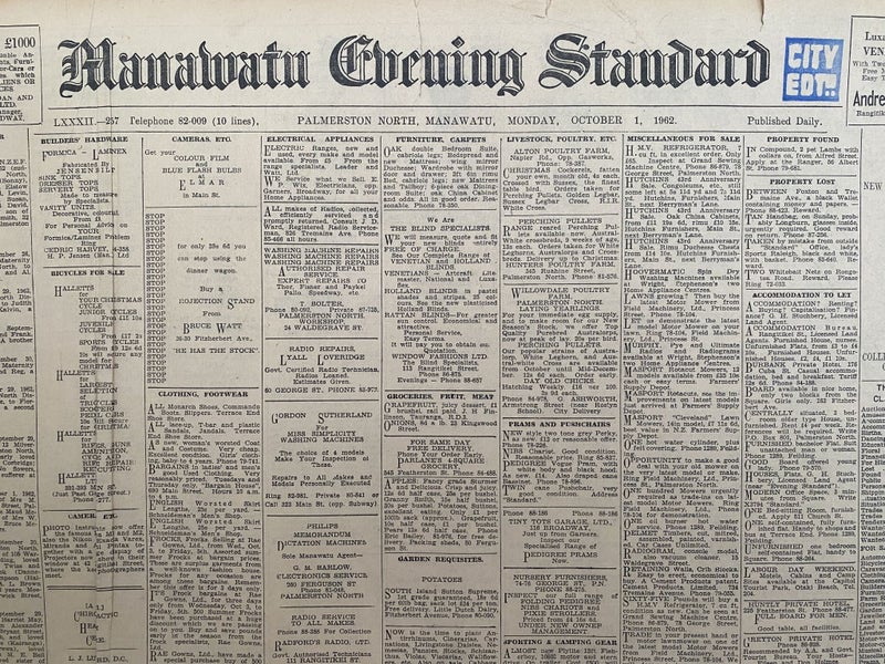 OLD NEWSPAPER: Manawatu Evening Standard - Monday, 1 October 1962 Carousel 1