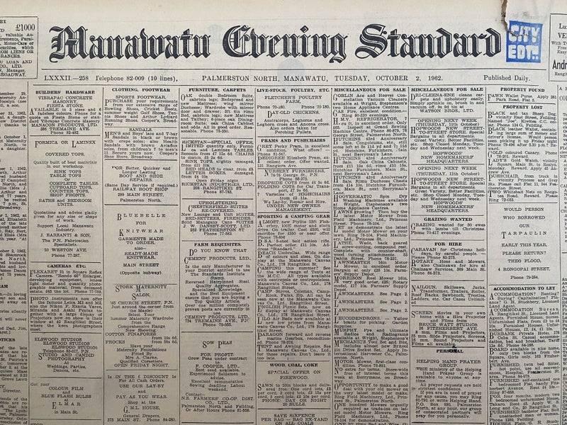 OLD NEWSPAPER: Manawatu Evening Standard - Tuesday, 2 October 1962 Carousel 1