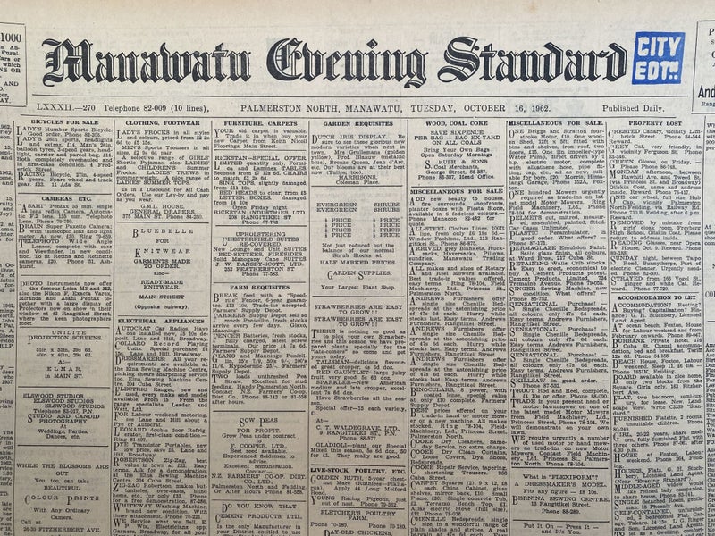 OLD NEWSPAPER: Manawatu Evening Standard - Tuesday, 16 October 1962 Carousel 1