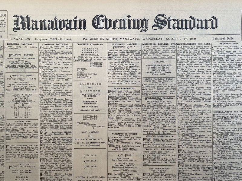 OLD NEWSPAPER: Manawatu Evening Standard - Wednesday, 17 October 1962 Carousel 1