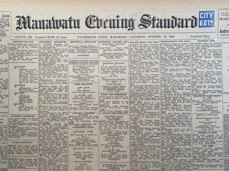 OLD NEWSPAPER: Manawatu Evening Standard - Saturday, 27 October 1962 Carousel 1