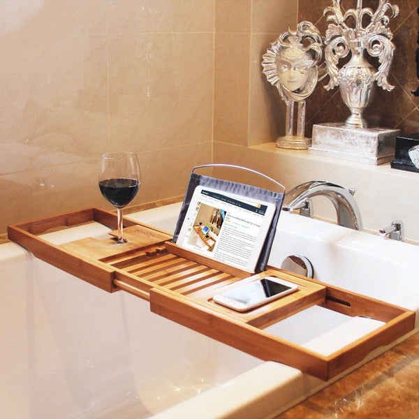 Bamboo Bathtub Tray Bathroom Storage shelves Carousel 11