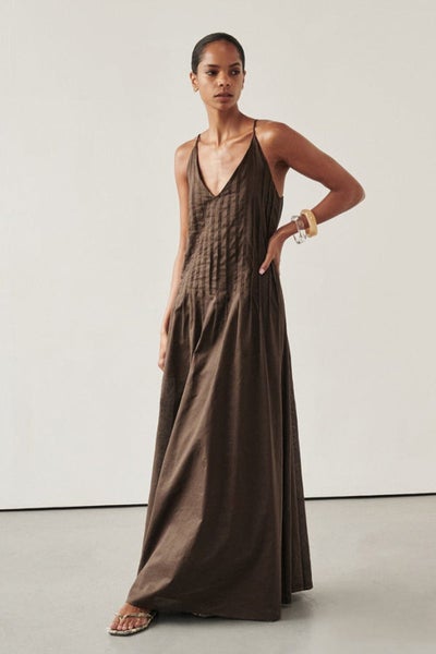 DISSH - BITTER CHOC LINEN BLEND MIDI DRESS Carousel 1