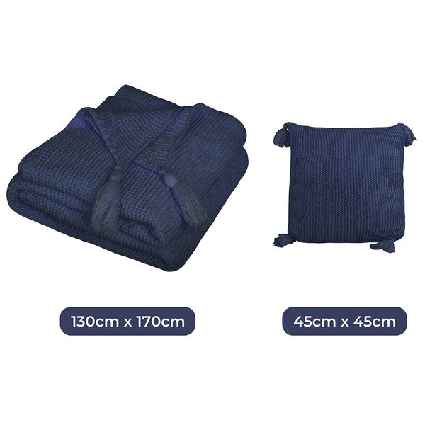 Dreamz Knitting Throw Blanket Cushion Set Pillow Tassel Fringe Sofa Bed Rug Navy Carousel 10