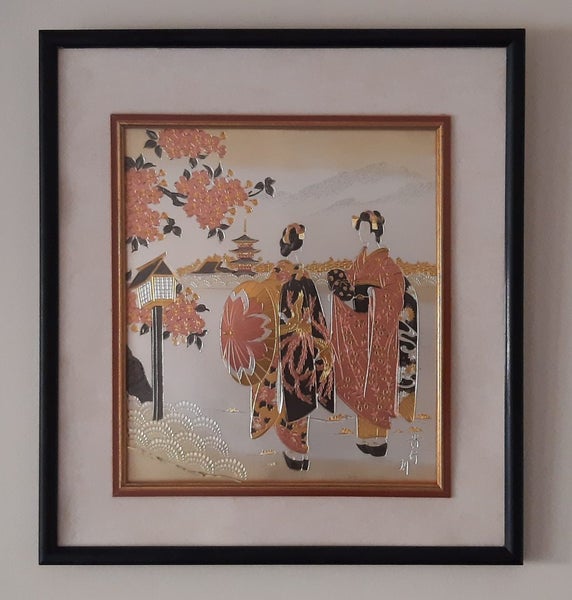 Double framed Japanese Geisha chokin metal engraved art Carousel 1
