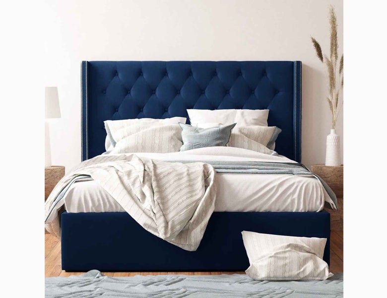 Super King Bed Gas Lift Storage Blue Velvet Carousel 1