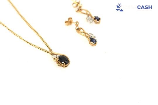 9ct Gold, Sapphire and Diamond Necklace and Earring Set Carousel 1