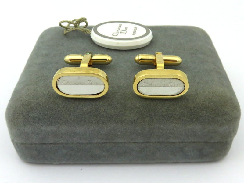 Christian Dior Gold Silver Tone Metal Logo Cufflinks Carousel 1