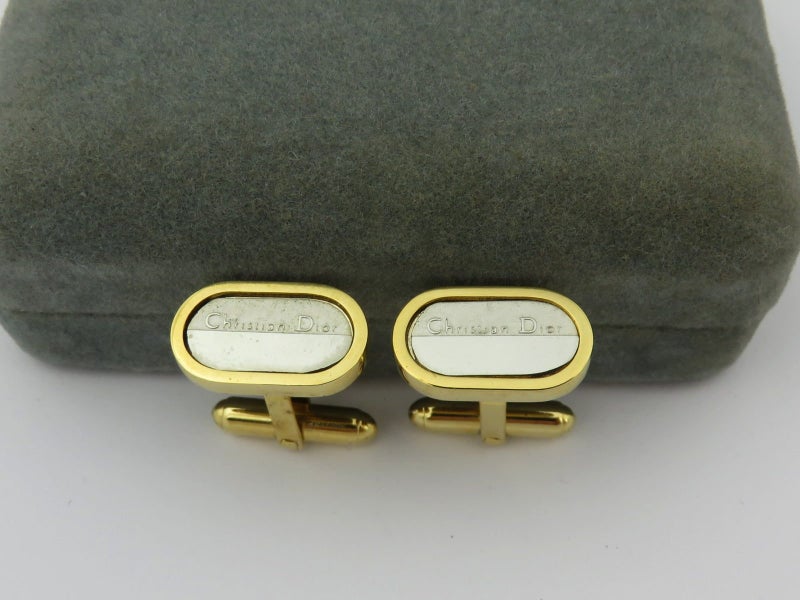 Christian Dior Gold Silver Tone Metal Logo Cufflinks Carousel 2