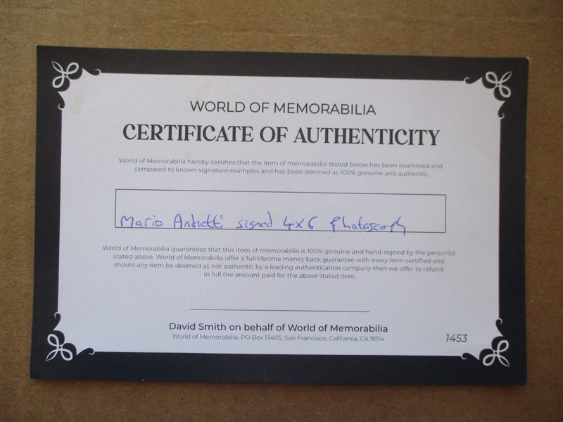 Mario Andretti "Formula One Driver" signed photograph + Certificate Carousel 7