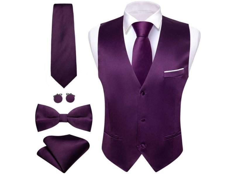 Men's Gold Solid Silk Satin Waistcoat Bowtie Tie Set Suit Gilet For Wedding Carousel 1