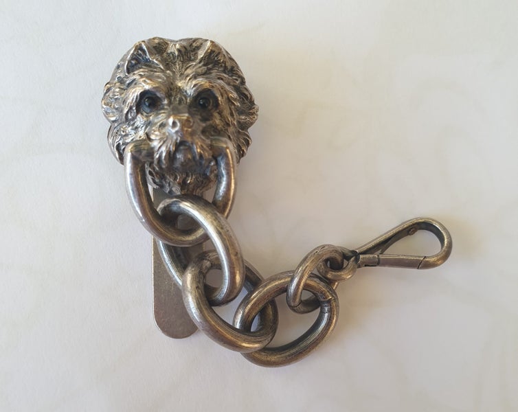 Antique Chatelaine Dog Head With Glass Eyes Silver Toned Carousel 1