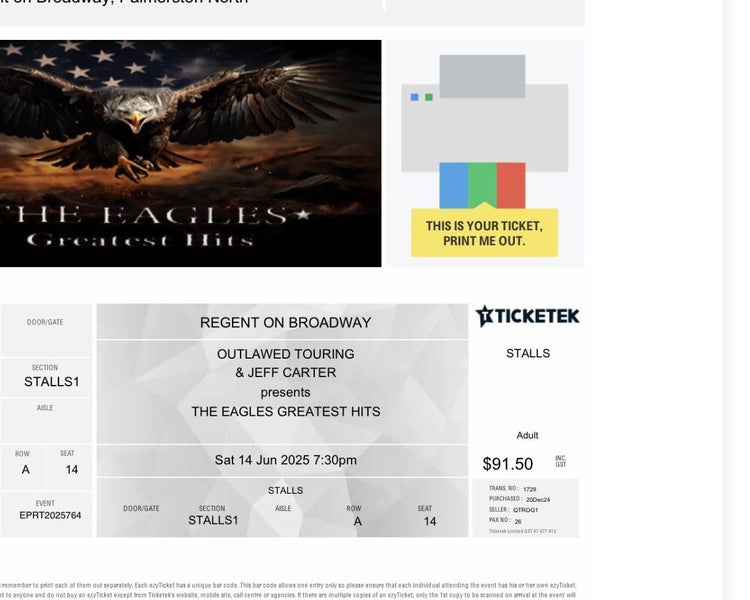 Eagles tickets, Palmerston North, Sat 15 June 2025. Prime seats Carousel 2