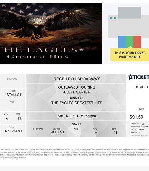Eagles tickets, Palmerston North, Sat 15 June 2025. Prime seats Carousel 1