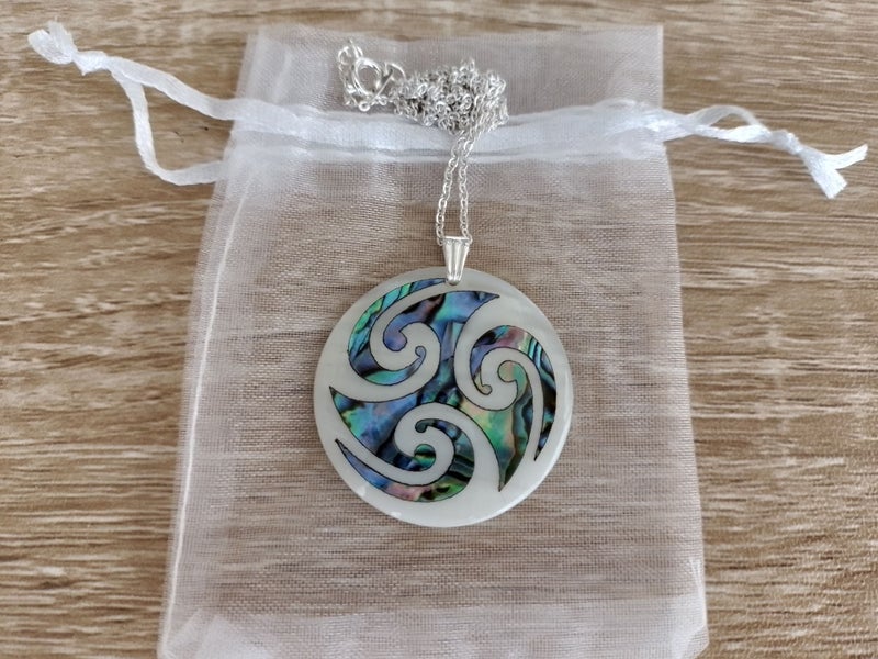 White Mother-of-Pearl Necklace with Paua Wave Swirls • NZ Made • FREE Gift Bag Carousel 1