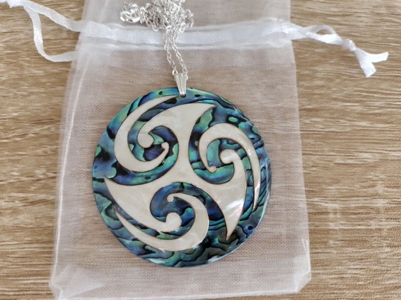 Paua Necklace • 50mm White Mother-of-Pearl Koru • NZ Made Shell Jewellery Carousel 1