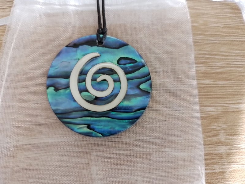 Handcrafted Paua Necklace • White Mother-of-Pearl Koru • FREE Gift Bag • NZ Made Carousel 1