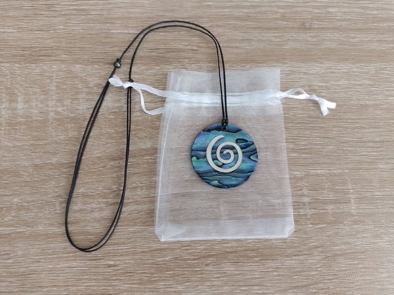 Handcrafted Paua Necklace • White Mother-of-Pearl Koru • FREE Gift Bag • NZ Made Carousel 2