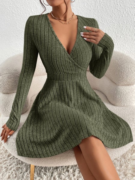 Women Knit Slim Sexy Bodycon Dress V-Neck Long Sleeve Dress Solid Carousel 1