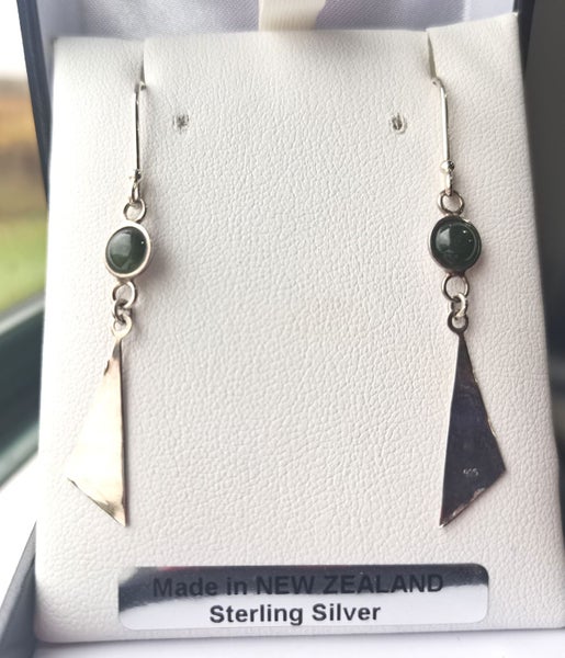 unique design Pounamu drop earrings with sterling silver fittings. Carousel 1
