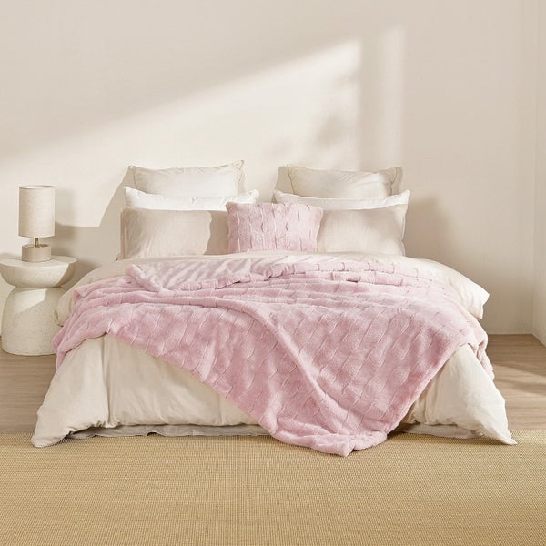 Dreamaker Basketweave Faux Fur Throw Blanket Blush Pink - 180x200cm Carousel 1