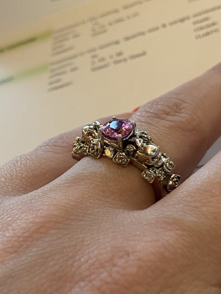 Engagement/dress ring with skulls and roses pink Sapphire with diamonds PLATINUM Carousel 1
