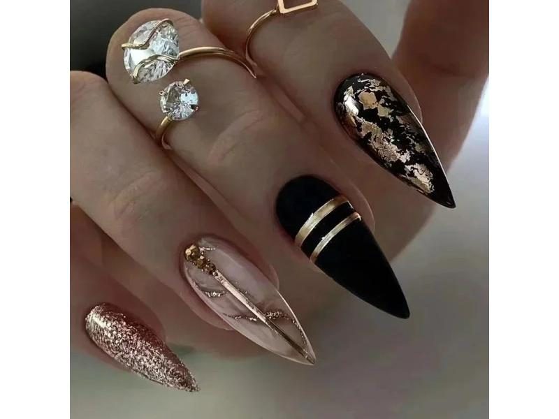 24Pcs Pink Almond False Nails With Shiny Golden Ripples Stiletto Tips Carousel 1