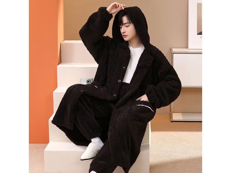 Men Coral Fleece Robe Set Winter Plus Size Kimono Thick Warm Bathrobe Flannel Carousel 1