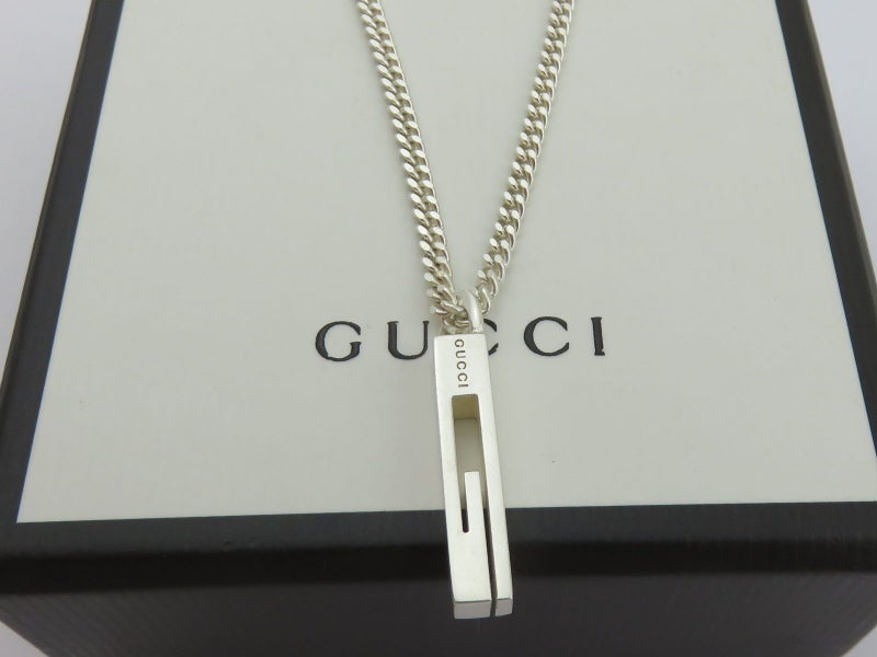 Gucci Sterling Silver Stencil G Logo Chain Link Unisex Pendant Necklace Carousel 1