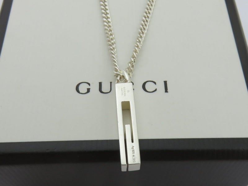Gucci Sterling Silver Stencil G Logo Chain Link Unisex Pendant Necklace Carousel 2