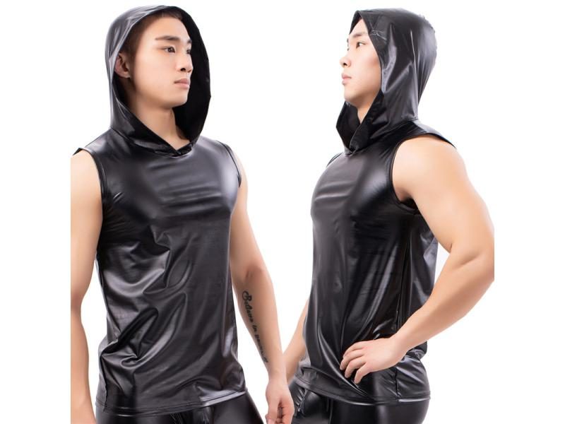 Mens PU Leather Undershirts Sleeveless T Shirts Hooded Tops Male Black Tank Carousel 1