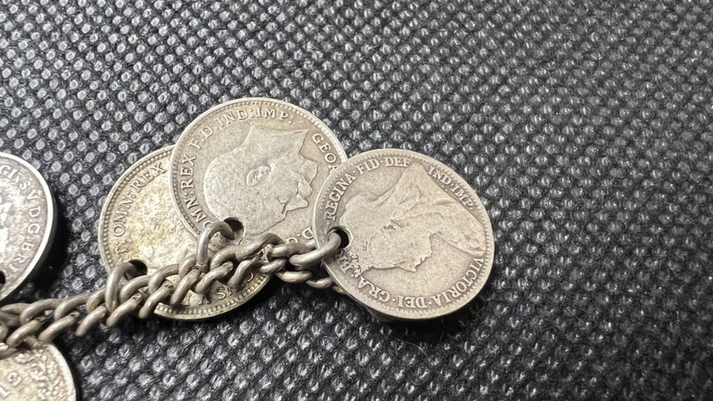 Antique English Silver Coin Bracelet Incl. 1887 Sterling Shilling - Lot E436 Carousel 6