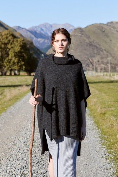 McDonald Possum Merino Step Hem Poncho-Charcoal Carousel 1