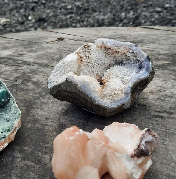 Mordonite on chalcedony geode - zeolite mineral Carousel 6