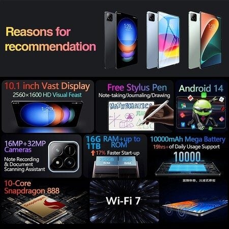 Android 13 Tablet 10.1 Inch 16GB+1TB Expandable Bluetooth Dual Camera WiFi Carousel 2