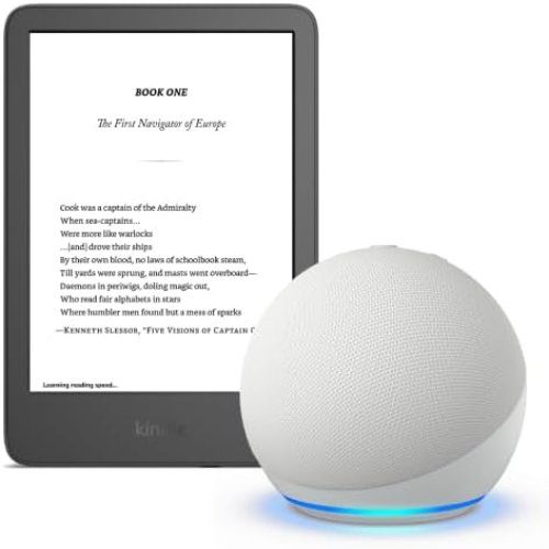New Amazon Kindle (2024 release) Black and Echo Dot (5th Gen) Glacier White Carousel 1