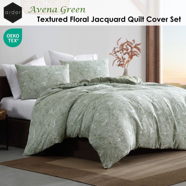 Ardor Avena Green Textured Floral Jacquard Quilt Cover Set (Queen, King) Carousel 2