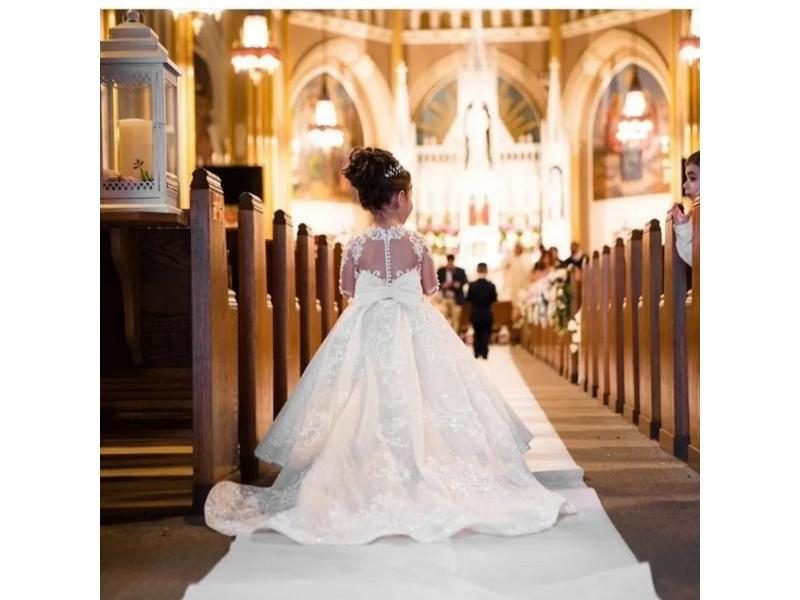 White Flower Girl Dress Long Train With Bow Bead Birthday Ball Gown Princess Carousel 1