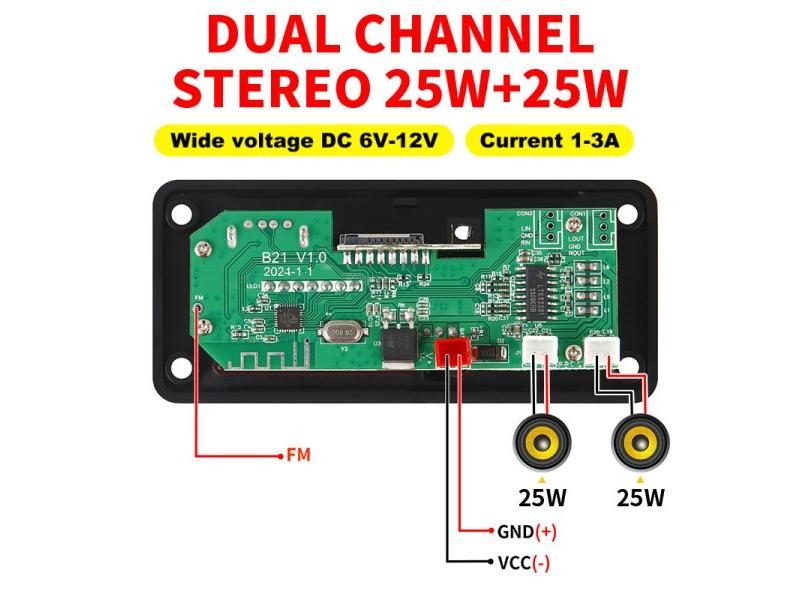 2*25W Amplifier MP3 Player Decoder Board 18V Bluetooth 5.0 50W Amplifier Car FM Carousel 1